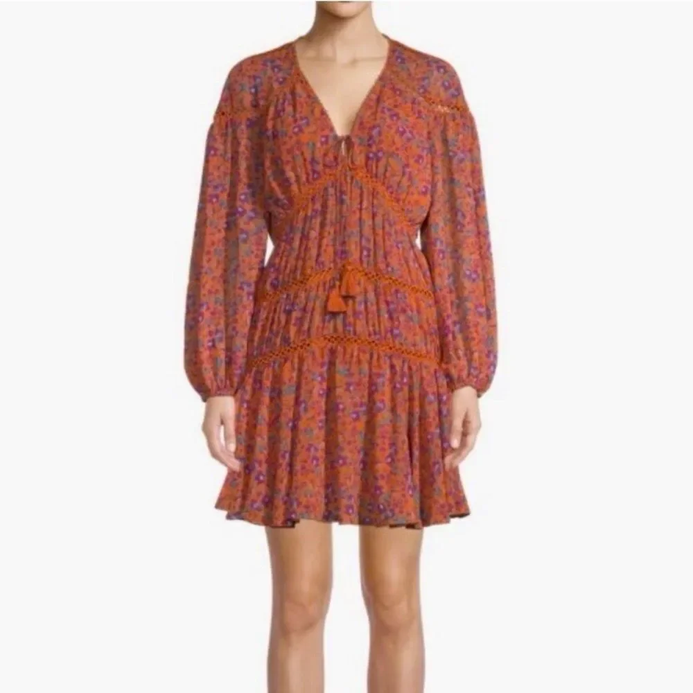 Rebecca Minkoff CADEN Dark Orange Magenta Floral Boho Chic Tiered Peasant Dress - Picture 3 of 16